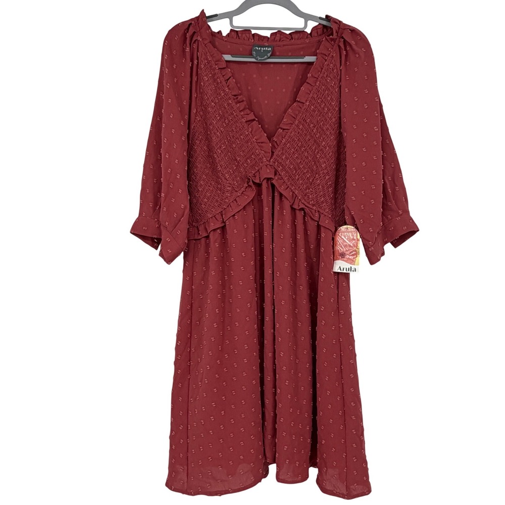 NWT Arula Size X 10/12 Terracotta Swiss Dot Smocked Mini Dress Cottage Fall